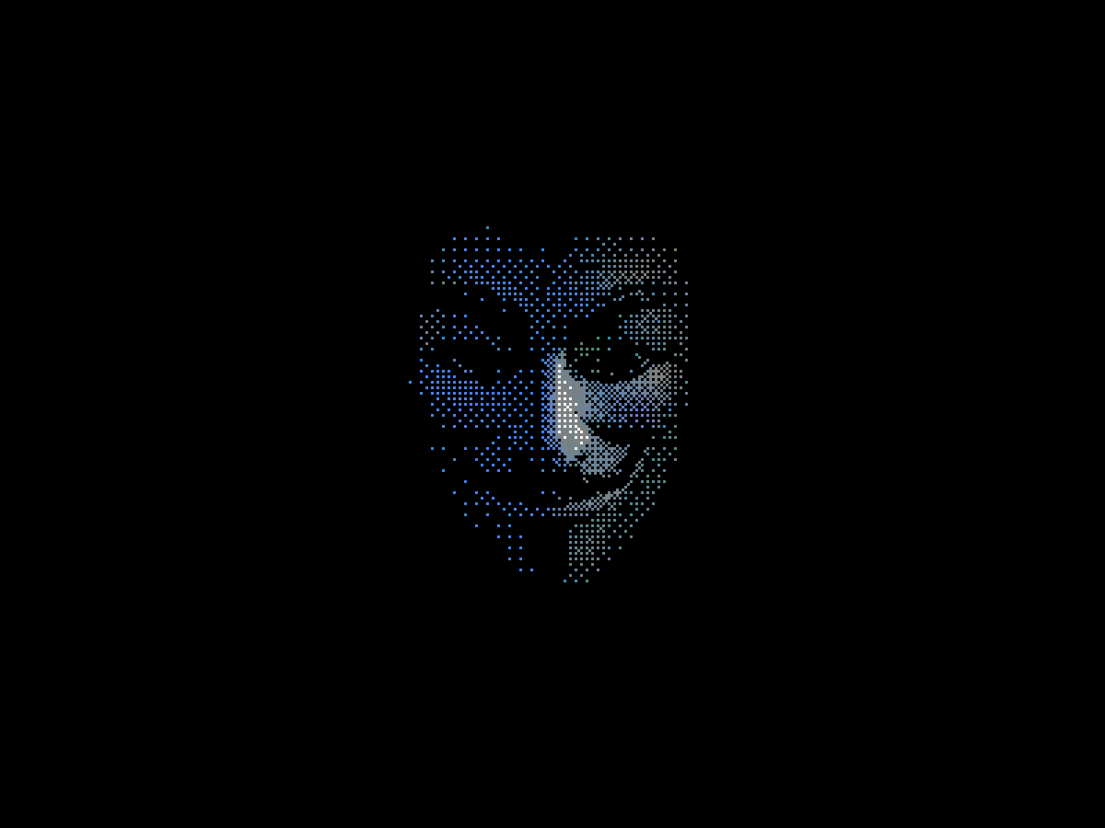 Blue and gray halftone skull emerging from a black background