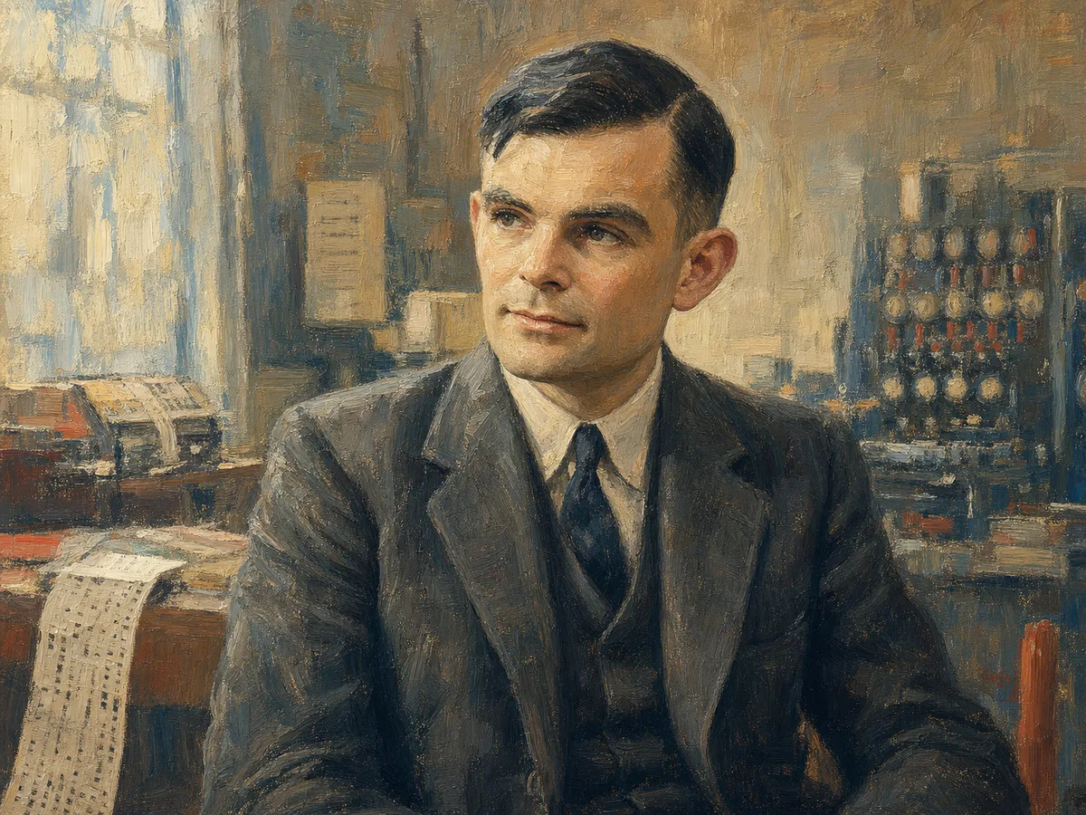 Impressionist oil portrait of Alan Turing in an early computing study