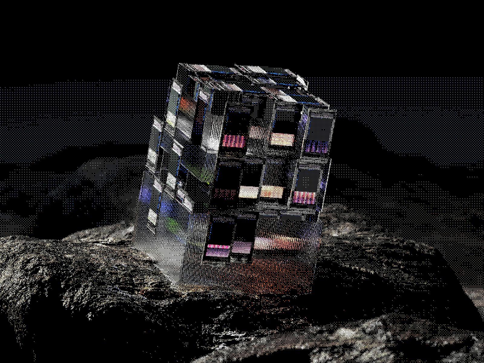 A dithered monolith of tiled screens standing on a dark rocky surface, its panels flickering with unreadable readouts