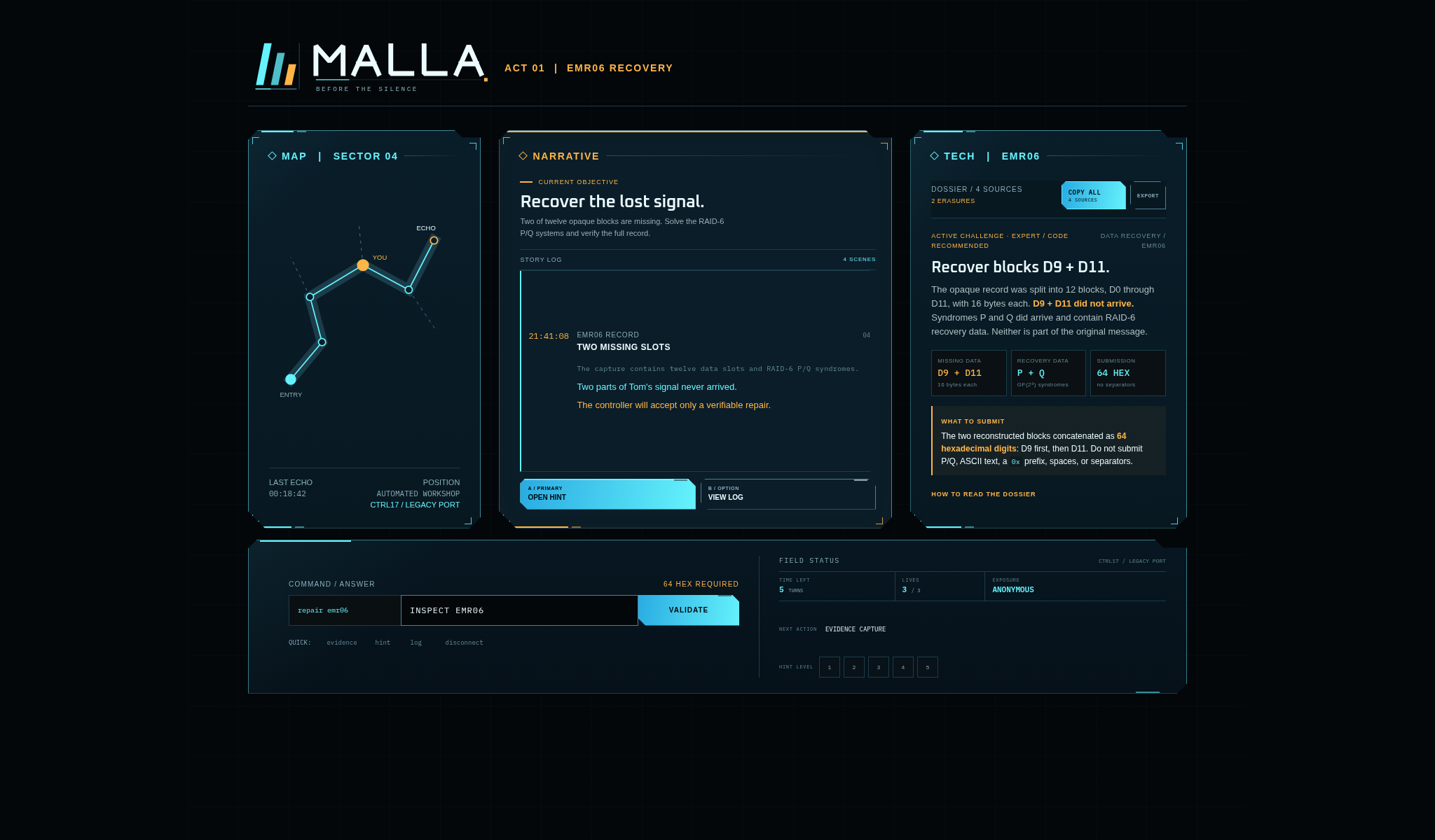 Malla: Before the Silence gameplay interface showing its map, narrative, and EMR06 data recovery challenge